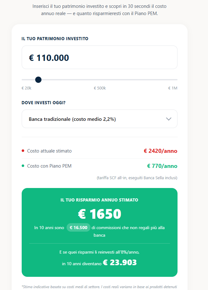 Anteprima del calcolatore PEM con stima del risparmio annuale